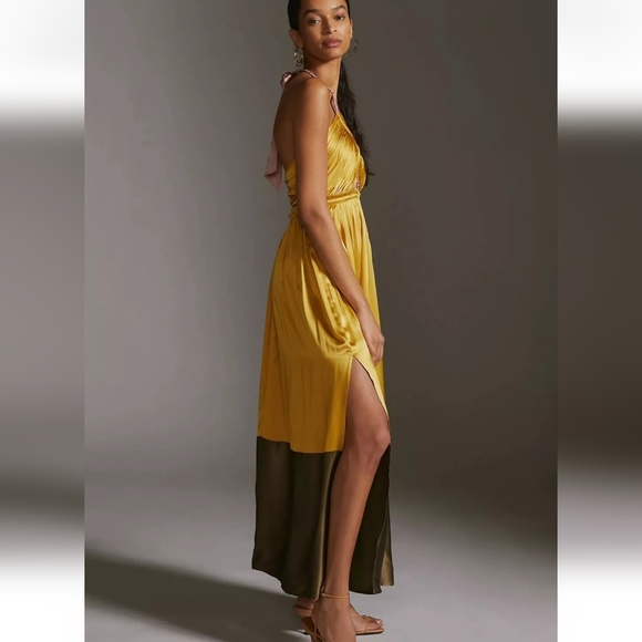 Anthropologie, New, Yellow Silk Colorblocked Silk Midi Halter Sun Dress, Size 14 - Picture 4 of 16